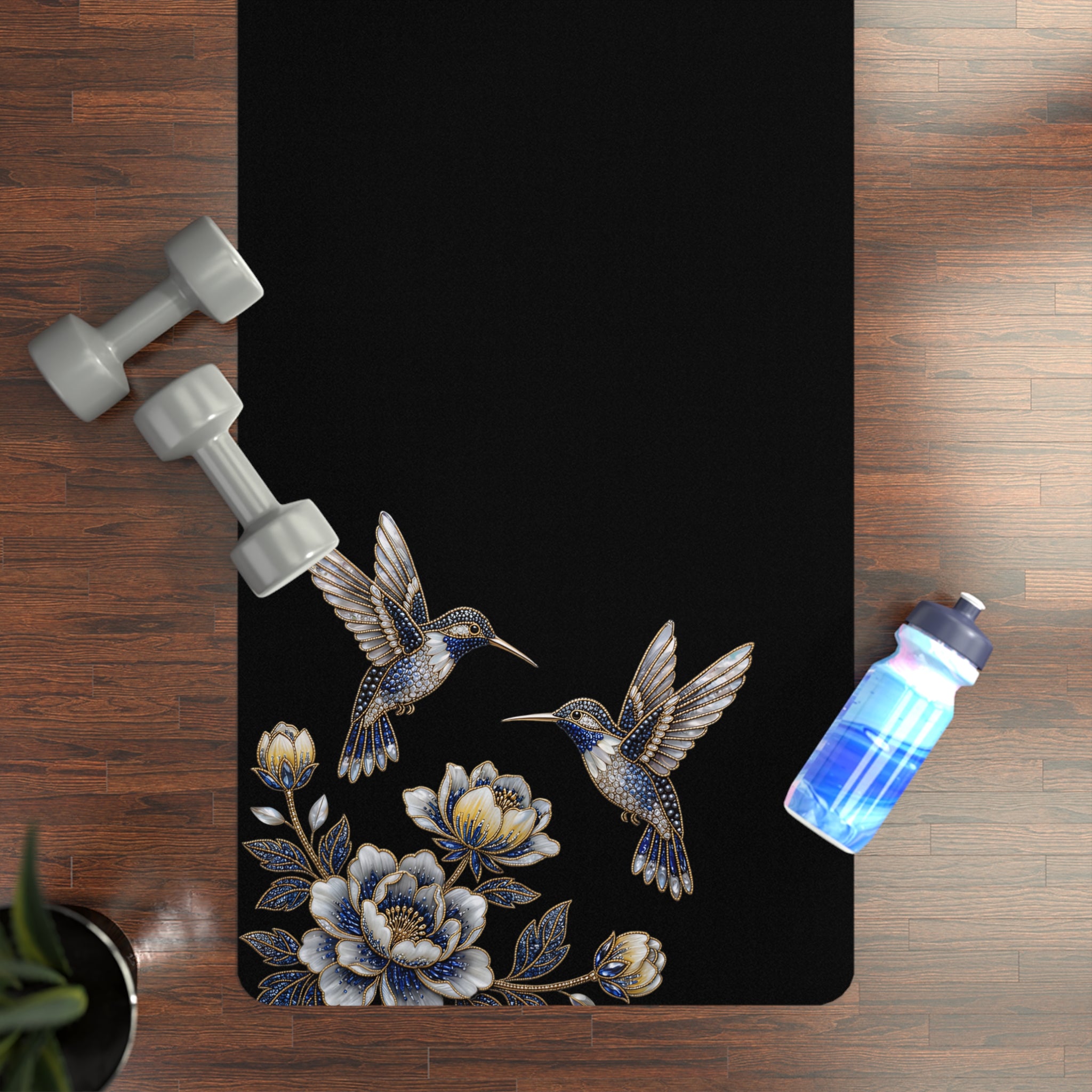 Floral Hummingbird Rubber Yoga Mat | Non-Slip Yoga Mat with Gold Accent | Black