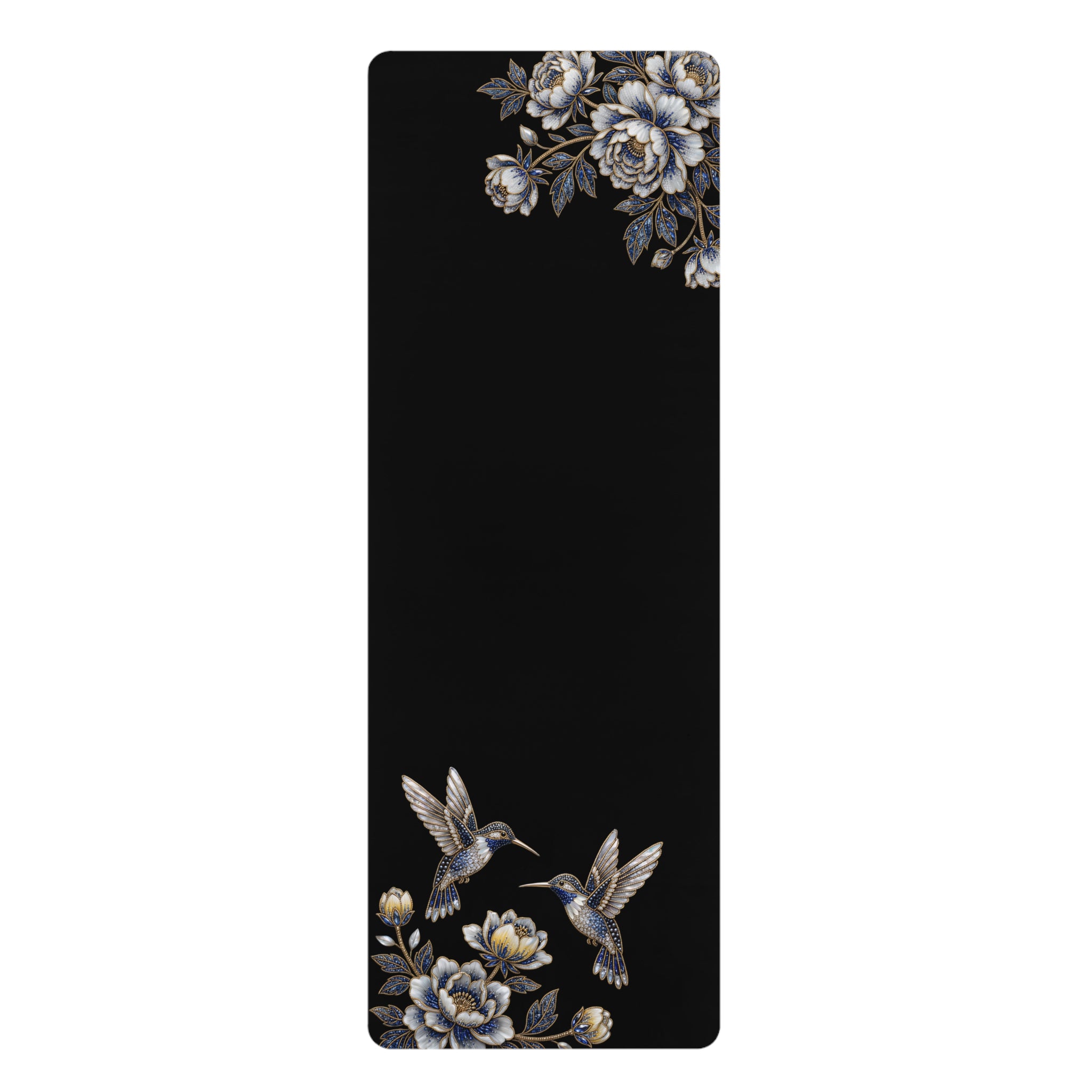 Floral Hummingbird Rubber Yoga Mat | Non-Slip Yoga Mat with Gold Accent | Black