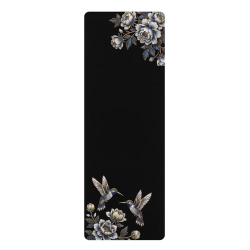 Floral Hummingbird Rubber Yoga Mat | Non-Slip Yoga Mat with Gold Accent | Black