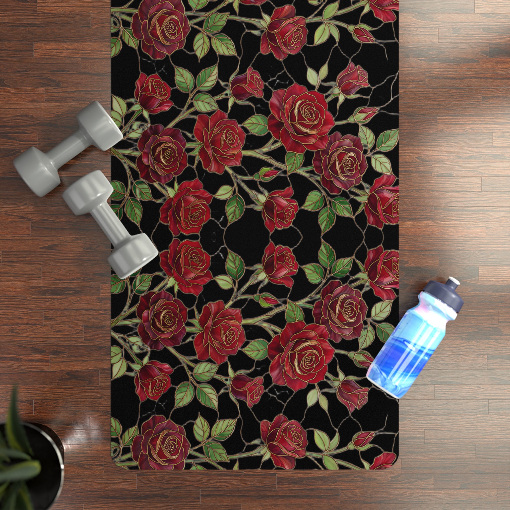 Floral Rose Rubber Yoga Mat | Non-Slip Garden-Inspired Exercise Mat | Black