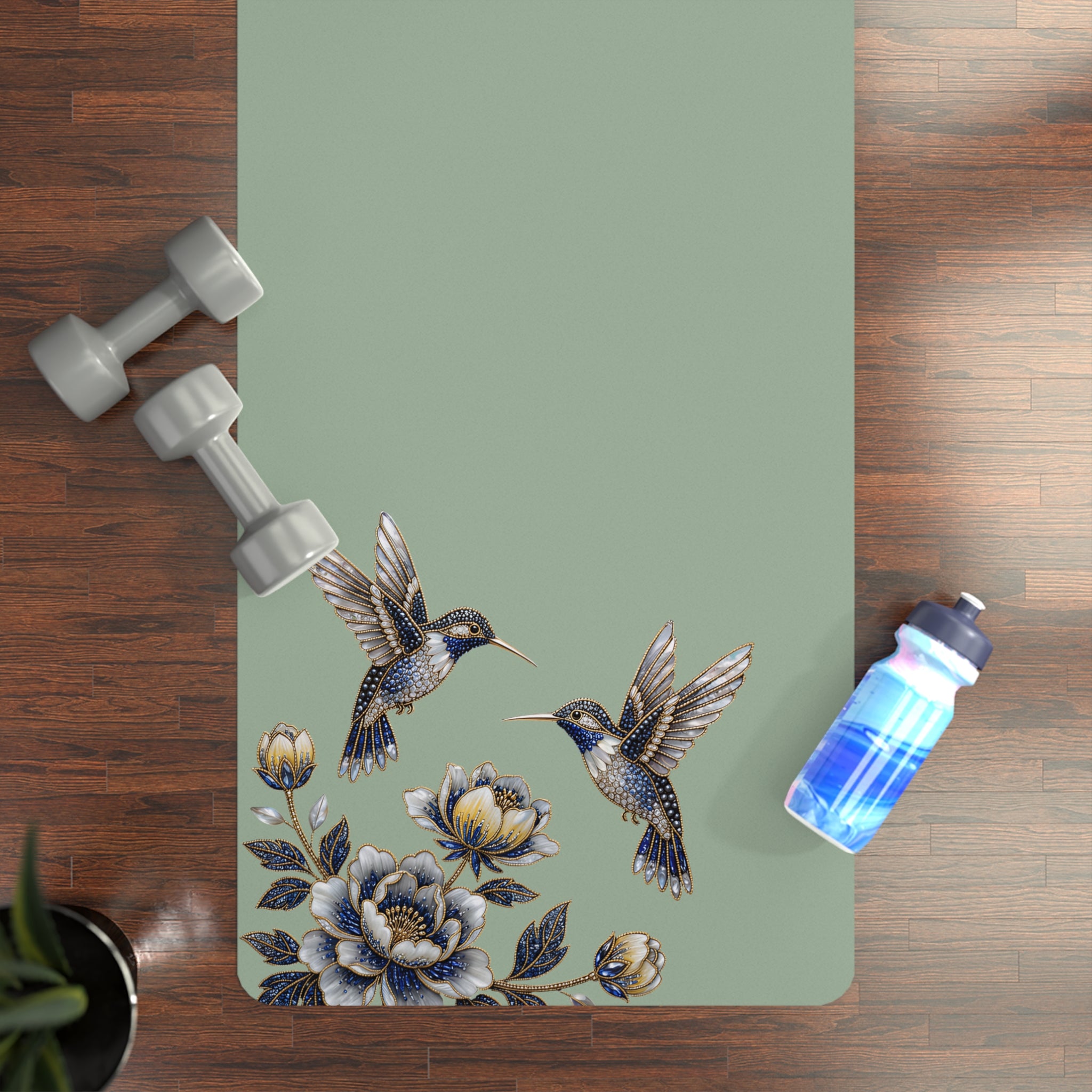 Floral Hummingbird Rubber Yoga Mat | Non-Slip Yoga Mat with Gold Accent | Sage Green